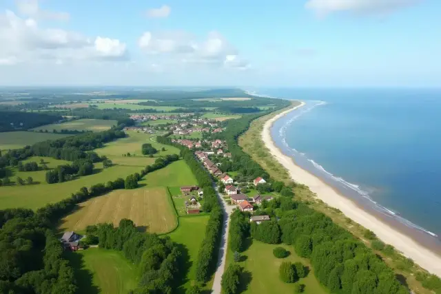 Malownicze Dąbki nad morzem. Widok z lotu ptaka na nadmorską wieś, plażę i pola. Jak dojechać do Dąbek nad morzem?