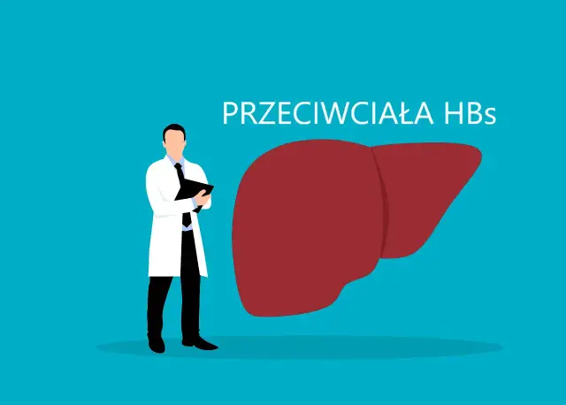 Lekarz analizuje wyniki badania przeciwciał HBs. Grafika przedstawia wątrobę i lekarza w białym fartuchu.