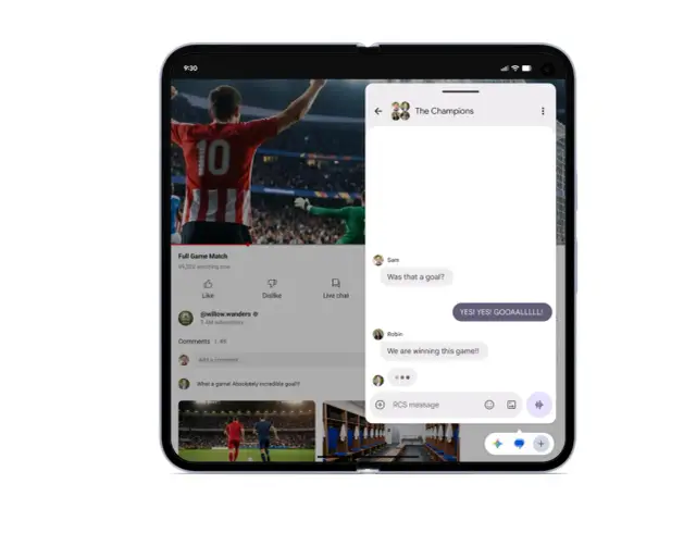 Oglądanie meczu piłki nożnej na najnowszym androidzie. W tle czat z przyjaciółmi, którzy ekscytują się golem.