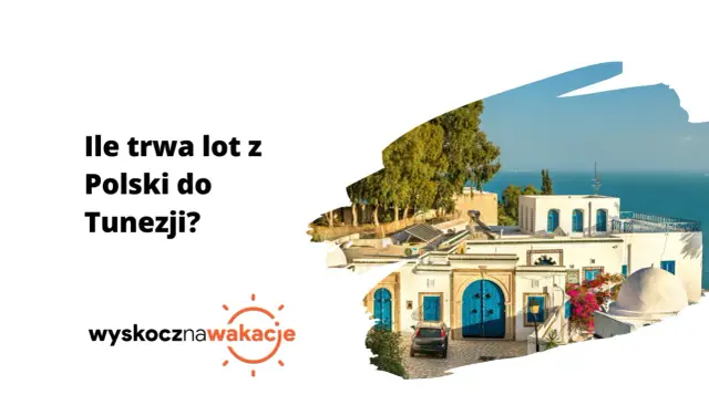 Ile trwa lot z Polski do Tunezji? Biały budynek z niebieskimi drzwiami i oknami, widok na morze.