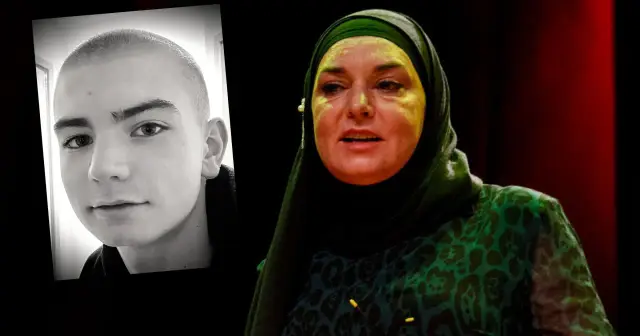 Portret młodego chłopca obok Sinead O'Connor w hidżabie. Jej syn, Shane, zmarł w 2022 roku.