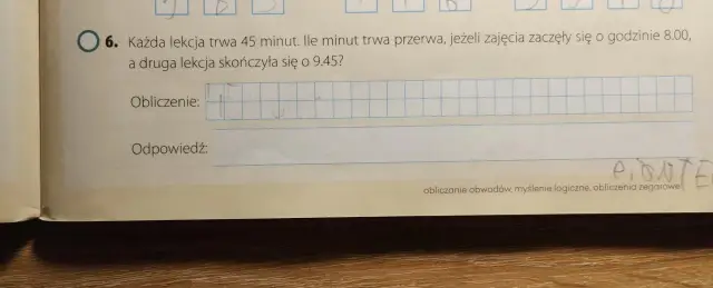 Fragment zadania matematycznego z podręcznika, dotyczące obliczania czasu lekcji i przerw.