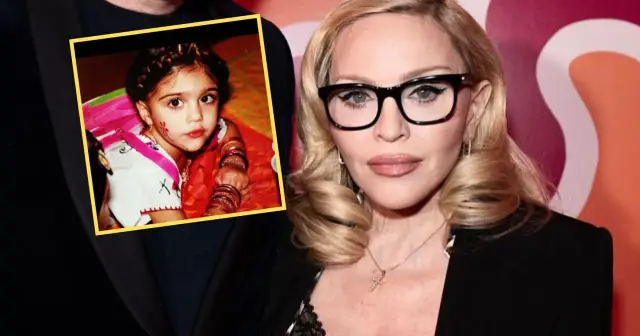 Madonna jako dziecko w kolorowym stroju i jako dorosła kobieta w okularach.