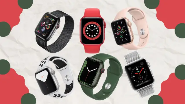 Sześć różnych modeli Apple Watch w różnych kolorach i z różnymi paskami.