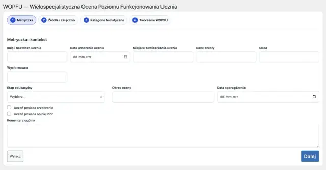 Formularz do wypełnienia WOPFU: dane ucznia, wychowawcy, szkoły, etapu edukacyjnego. Jak napisać WOPFU? Wpisz dane ucznia.