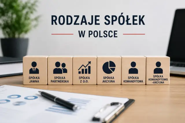 Drewniane klocki z symbolami i nazwami różnych rodzajów spółek w Polsce: jawna, partnerska, z o.o., akcyjna, komandytowa, komandytowo-akcyjna.