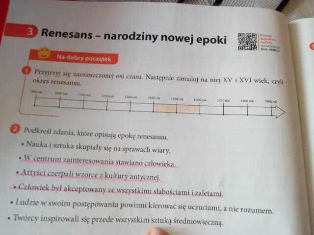 Renesans – narodziny nowej epoki. Oś czasu pokazuje wieki, na której zaznaczono okres renesansu.