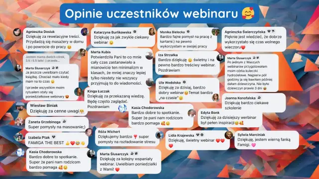 Opinie uczestników webinaru: "przebodźcowane" nie jest tematem, ale wiele osób chwali treści i inspiracje.