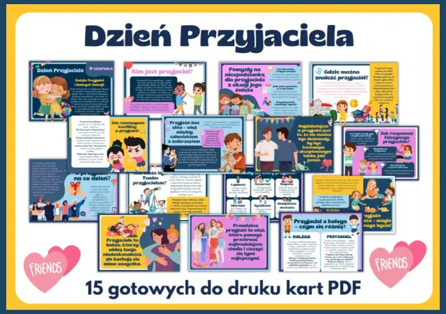 Dzień Przyjaciela: karty z cytatami, pomysłami na świętowanie i wskazówkami, jak pielęgnować przyjaźń.