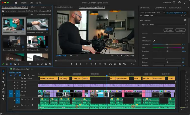 Edycja wideo w Adobe Premiere Pro, z widocznym panelem Lumetri Color do korekcji barw.