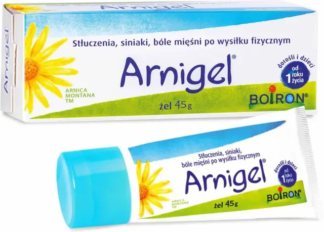 Maść arnikowa na stłuczenia, siniaki i bóle mięśni po wysiłku. Arnigel żel 45g od Boiron, dla dorosłych i dzieci od 1. roku życia.