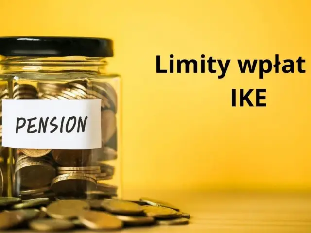 Skarbonka z napisem "PENSION" i monetami symbolizuje oszczędzanie na emeryturę. Obok tekst: "Limity wpłat IKE".