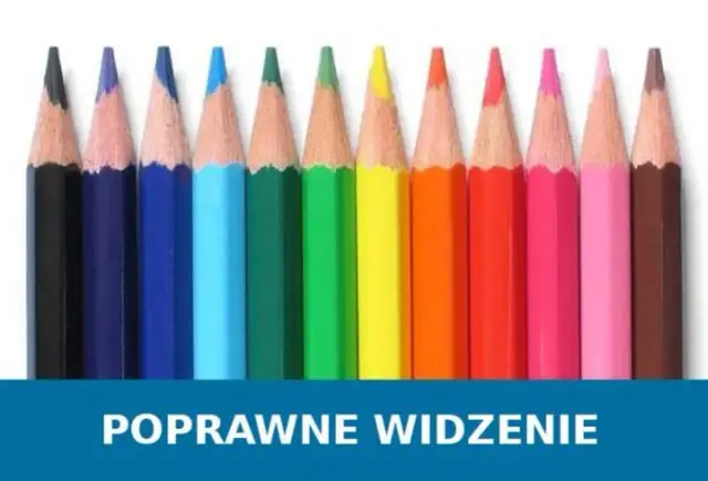 Kolorowe kredki: czarna, granatowa, niebieska, błękitna, zielona, żółta, pomarańczowa, czerwona, różowa, jasnoróżowa, brązowa. Jakich kolorów nie widzi daltonista?
