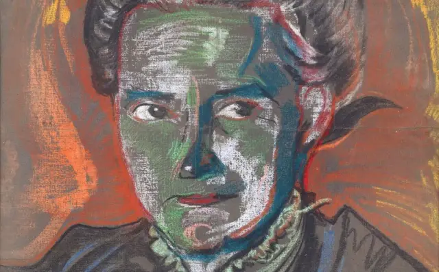 Portret kobiety w intensywnych barwach, z charakterystycznym dla Witkacego ekspresyjnym spojrzeniem.