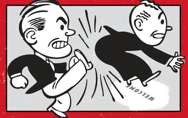 Zdecydowany mężczyzna kopie drugiego, który spada na wycieraczkę z napisem "WELCOME". Ilustracja pokazuje, jak pozbyć się z domu osoby niezameldowanej.