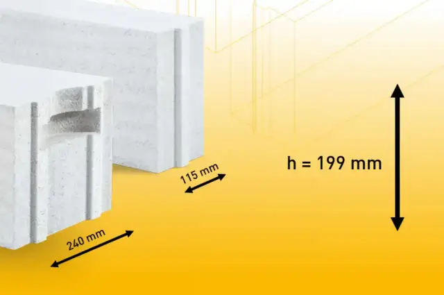 Białe bloczki Ytong z widocznymi wymiarami: 240 mm, 115 mm i wysokością 199 mm.
