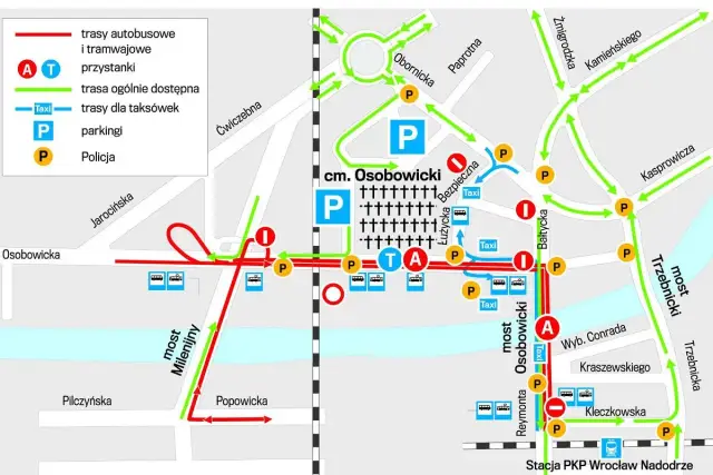 Mapa Wrocławia z zaznaczonymi trasami autobusowymi, tramwajowymi, przystankami, parkingami i policją. Pokazuje, jak dojechać na cmentarze we Wrocławiu, np. Cmentarz Osobowicki.