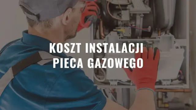 Instalator w czerwonych rękawicach montuje piec gazowy.