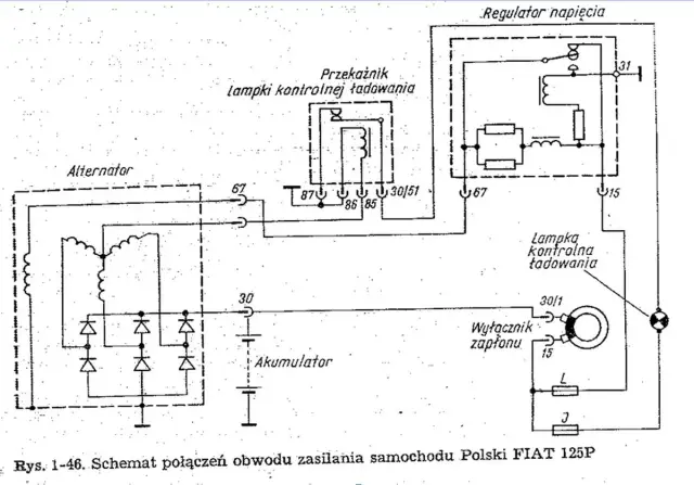 Schemat pokazuje, jak sprawdzić ładowanie alternatora bez miernika, analizując działanie przekaźnika i lampki kontrolnej ładowania.