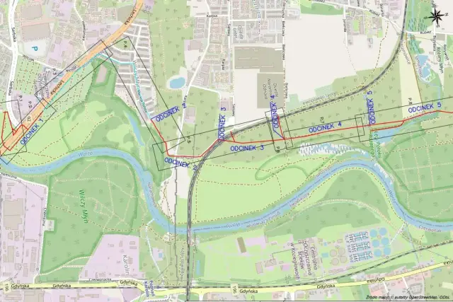 Mapa przedstawia fragment Poznania z zaznaczonymi odcinkami poznańskiej trasy bezpłatnej, biegnącej wzdłuż Warty.