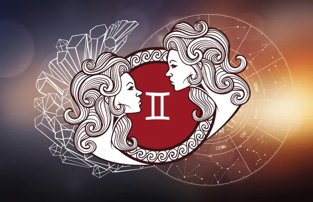 Znak zodiaku Bliźnięta, symbolizowany przez dwie twarze i symbol "II", otoczony kryształami i kołem zodiaku.