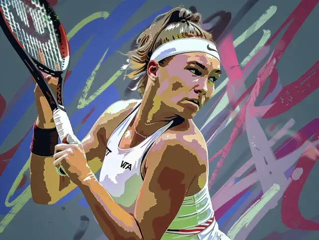 Zdeterminowana tenisistka z rakietą w dłoni, gotowa do gry w turnieju WTA. Dynamiczne pociągnięcia pędzla podkreślają jej skupienie.