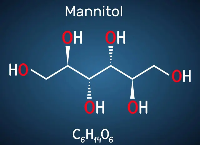 Struktura chemiczna mannitolu (C₆H₁₄O₆). Mannitol to cukrol, słodzik i środek przeczyszczający.