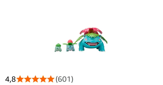 Trzy figurki pokémonów: mały, średni i duży bulbasaur, z zielonymi pąkami i liśćmi.
