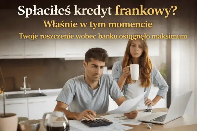 Para zmartwiona analizuje dokumenty przy stole. Mężczyzna liczy na kalkulatorze, kobieta trzyma kubek. Twoje roszczenie wobec banku jest teraz maksymalne.