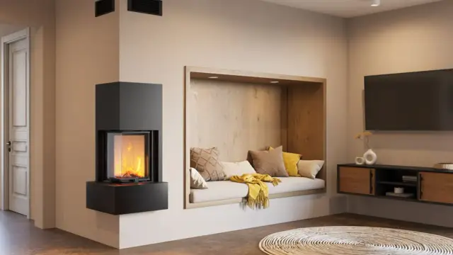 Nowoczesny kominek z filtrem, otoczony przytulną wnęką z poduszkami i pledem, tworzy ciepłą atmosferę.