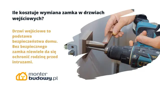Dłoń przykręca wiertarką klamkę do drzwi wejściowych.