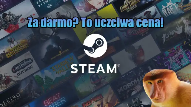 Darmowe gry na Steam to świetna okazja! Tło pełne okładek gier i logo Steam.