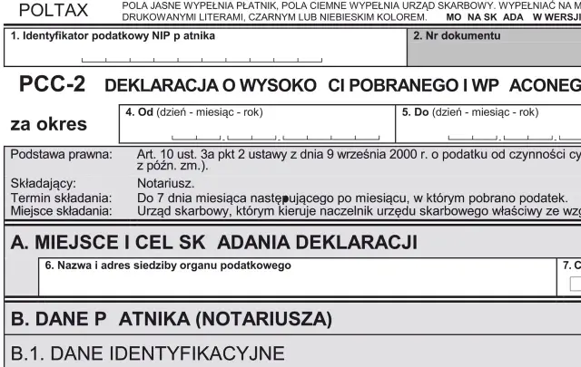 Formularz PCC-2, deklaracja o wysokości pobranego podatku od czynności cywilnoprawnych, np. podatek od kupna mieszkania.