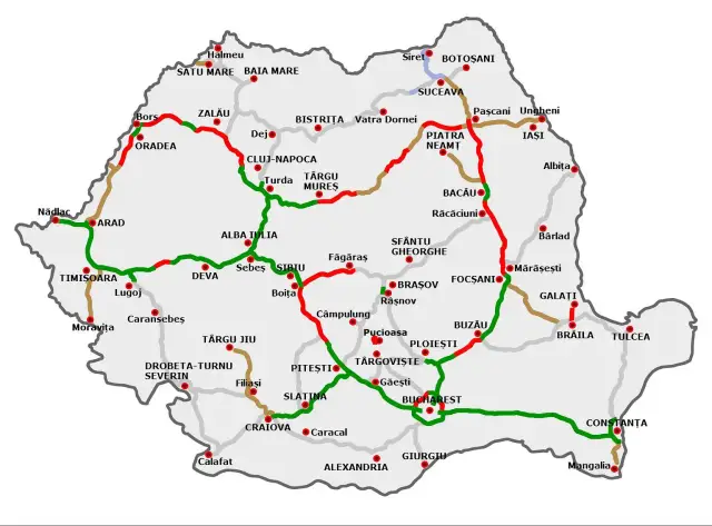 Mapa drogów Rumunii z zaznaczonymi miastami. Podróżując po kraju, warto sprawdzić ceny paliwa i noclegów w różnych regionach.