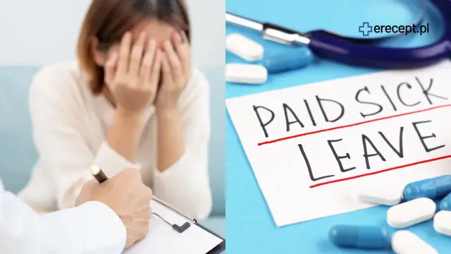 Pacjentka u psychiatry, obok notatka "PAID SICK LEAVE" i leki. Dowiedz się, l4 od psychiatry ile płatne.