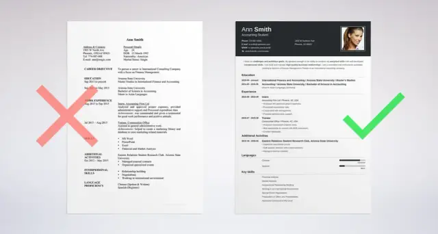 CV Ann Smith, studentka księgowości, szuka stażu w międzynarodowej firmie konsultingowej. Posiada doświadczenie w analizie wydatków i zarządzaniu kontaktami.