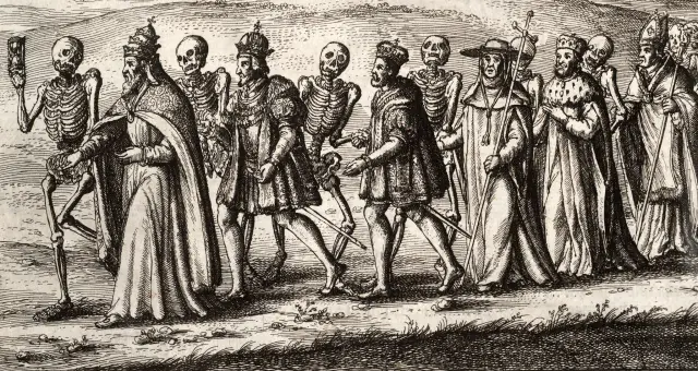 Postacie w korowodzie, od papieża po króla, prowadzone przez szkielety. Klasyczny motyw danse macabre.