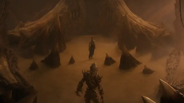 Demogorgon ze Stranger Things w surrealistycznym, zakurzonym krajobrazie, naprzeciwko człowieka.