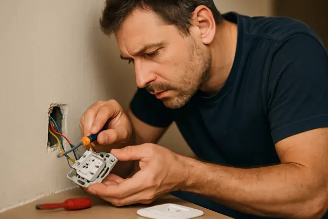 Mężczyzna z precyzją montuje gniazdko elektryczne, podłączając przewody. Instrukcja jak zamontować wtyczkę jest kluczowa.