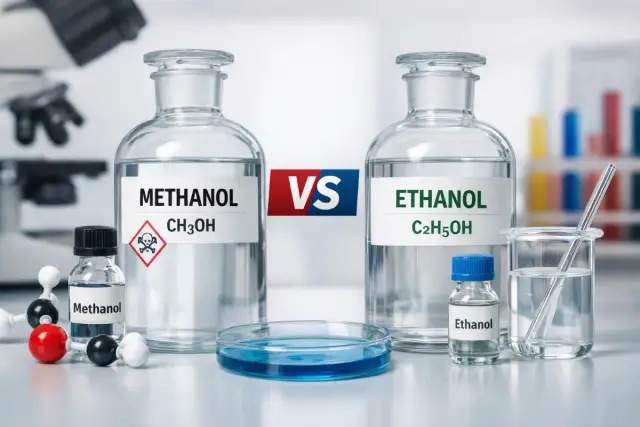 Etanol co to? Porównanie metanolu i etanolu w laboratorium. Widać butelki z chemikaliami, symbol zagrożenia i model cząsteczki.