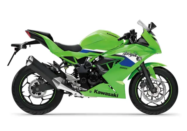 Zielony Kawasaki Ninja 125, gotowy do jazdy z maksymalną prędkością.