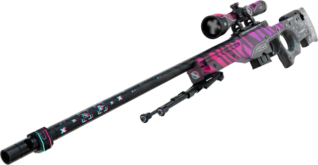 AWP z różowo-fioletowym wzorem i efektami aberracji chromatycznej.