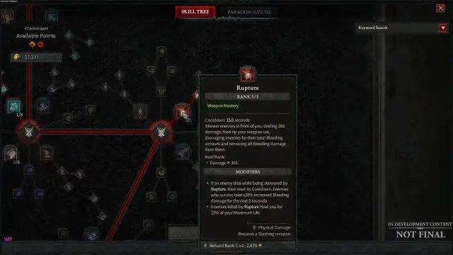 Drzewko umiejętności w Diablo 4, gdzie "Rupture" (rozprucie) jest w pełni rozwinięte, zgodnie z tradycjami gry.