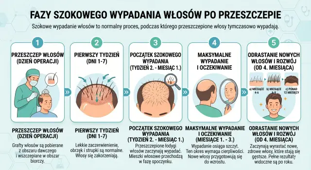 Po przeszczepie włosów następuje szokowe wypadanie, które jest normalnym etapem przed odrastaniem.