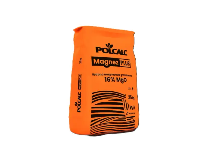 Pomarańczowy worek z napisem "POLCALC Magnez PLUS" zawiera wapno magnezowe granulowane 16% MgO, 25kg.