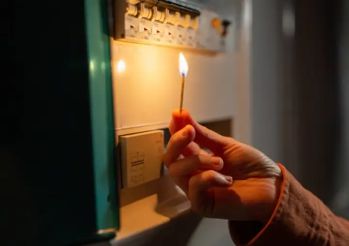 Mano con fiammifero acceso vicino al quadro elettrico, per capire cosa fare se salta la corrente.