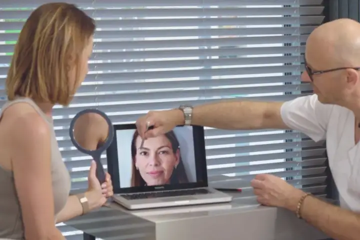 Lekarz pokazuje pacjentce na laptopie zdjęcie twarzy, analizując skórę.