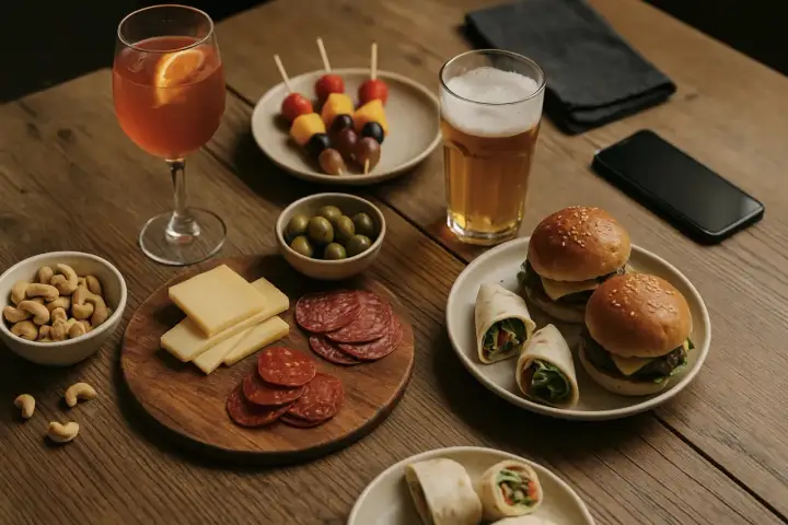 En härlig buffé med sliders, wraps, ost, salami, nötter, oliver, fruktspett, öl och en drink. Perfekt för en AW med jobbet.