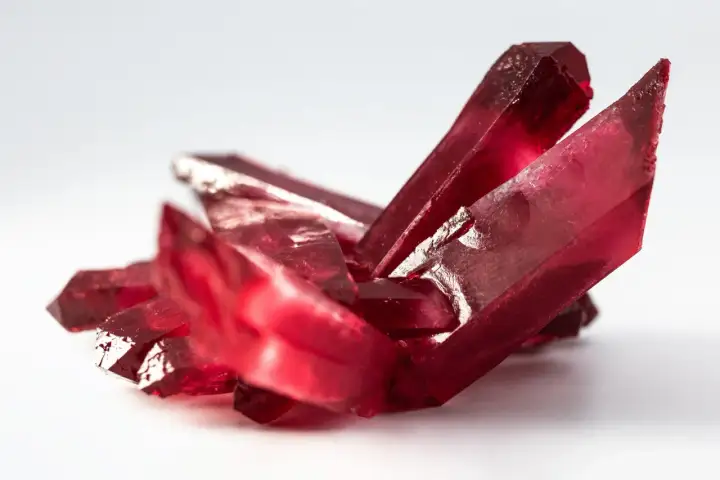 Rote Kristalle, die an einen Rubin erinnern. Die Bedeutung von Rubin liegt in Leidenschaft und Vitalität.