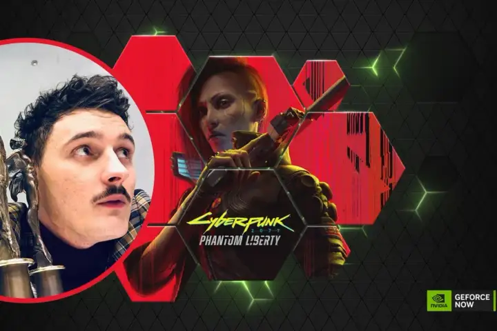 Dawid Podsiadło w futurystycznym wydaniu, obok postaci z gry Cyberpunk 2077: Phantom Liberty.